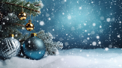 Fototapeta na wymiar Christmas greeting card Festive decoration on bokeh background New Year concept