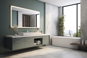 Minimalist bathroom Light marble walls and floor. Mint accent wall. Green plants
