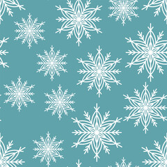 Winter seamless pattern with white snowflakes on blue background. Vector illustration for fabric, textile wallpaper, posters, gift wrapping paper. Christmas vector illustration. Falling snow