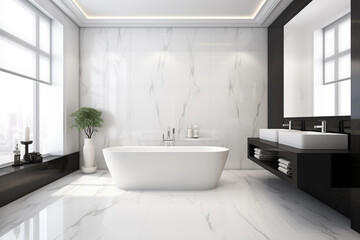 Luxury minimalist bathroom interior with light marble walls and floor.  Black accents, green plant. 