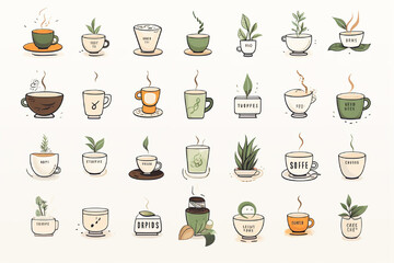 Coffee and tea icons set. Illustration in line art style.