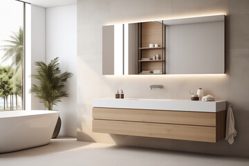 Minimalist bathroom interior in beige tones. Green palms