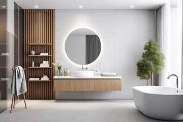 Minimalist bathroom interior with round mirror. White walls, brown furniture, green plant decor. 