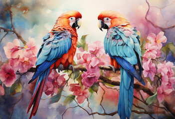 dwie papugi ary siedzące na gałezi na kolorowym tle