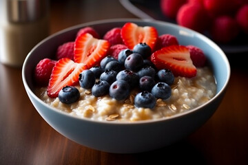 Oatmeal with fresh berries and nuts in bowl on wooden table.