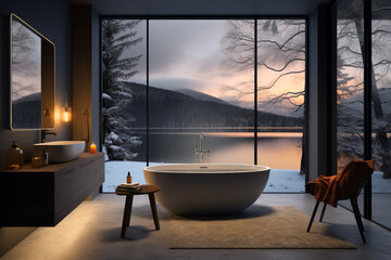 Luxury minimalist bathroom interior. Winter lake view outside the large window.  Evening dawn, mountains. Steamy bath, full of hot water. Candle, coziness, comfort. 