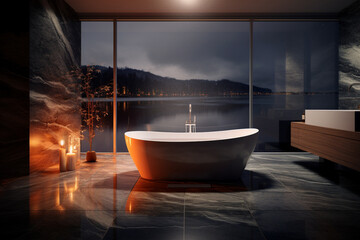 Luxury bathroom interior with dark marble walls and floor. Winter lake view outside the large window. Steamy bath, full of hot water. Candles, coziness, comfort. 