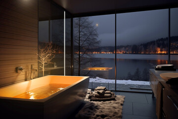Bathroom interior. Winter lake view outside the large window.  Steamy bath, full of hot water. Warmth, coziness, comfort. 
