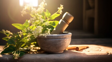 Mortar with pestle medical plant and sunshine, copy space, 16:9 - obrazy, fototapety, plakaty