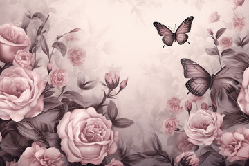 Różowe róże w styl akwareli z latającymi motylami w tle. 