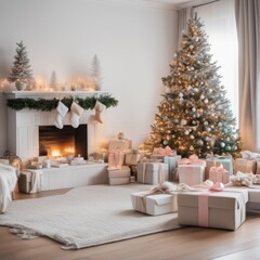 A cozy, luxurious, and modern living room interior with gift boxes under a decorated Christmas tree