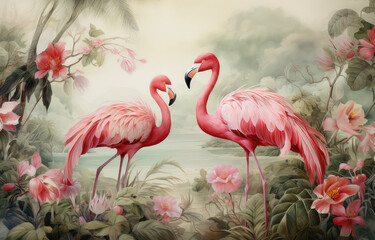 Zakochane różowe flamingi w egzotycznym lesie. Sztuka cyfrowa w stylu wodnych farb akwarelowych. 