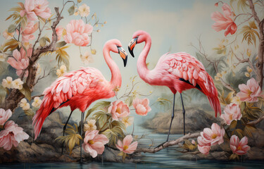 Zakochane różowe flamingi w egzotycznym lesie. Sztuka cyfrowa w stylu wodnych farb akwarelowych.  - obrazy, fototapety, plakaty