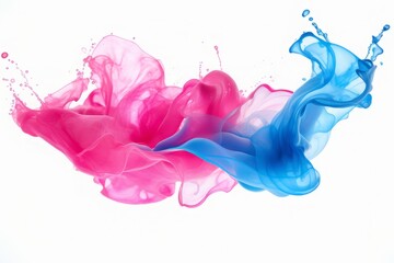 Paint splashes on white background. Blue and pink colors splash in water. Abstract colorful creative design. 