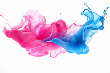 Fototapeta premium Paint splashes on white background. Blue and pink colors splash in water. Abstract colorful creative design. 