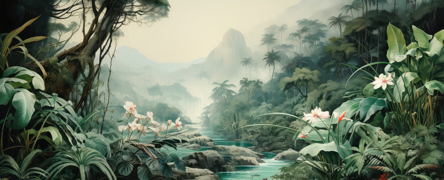 Fototapeta dżungla i liście lasów tropikalnych mural ptaki i motyle stary rysunek vintage tło