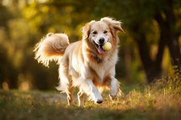 Cheerful pup happily playing with ball in spacious garden. Generative AI