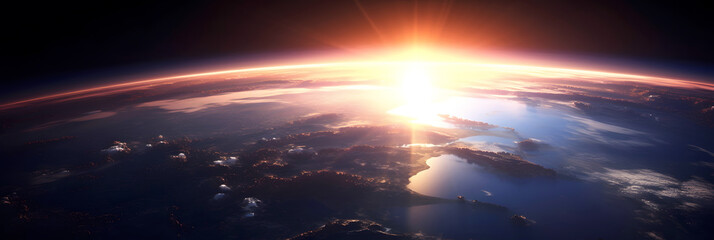 Fototapeta premium Panoramic view from space to horizon of planet earth with rising sun with bright rays at sunrise