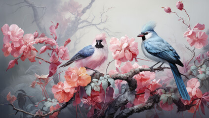 obraz przedstawiający dwa kolorowe ptaki siedzące na gałęzi przy kolorowych kwiatach w japonskim stylu - obrazy, fototapety, plakaty