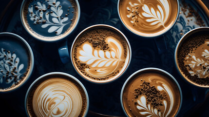 top view close up of assorted variety beautiful latte art designs on coffee cappuccino cups