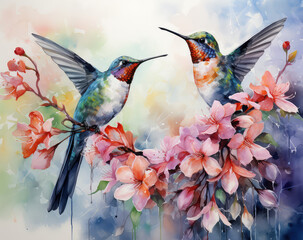 dwa kolibry latające wśród kolorowych kwiatów na błekitnym tle
