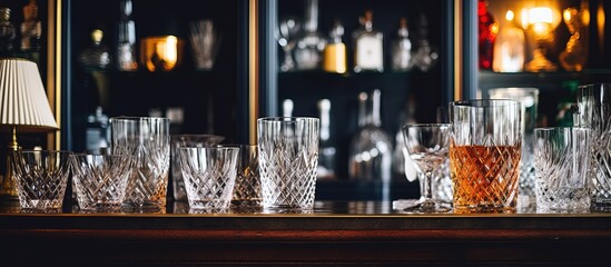 Close up shot of glassware on a home s bar