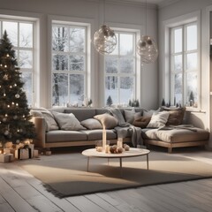 A cozy, luxurious, and modern living room interior with gift boxes under a decorated Christmas tree
