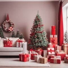 Fototapeta na wymiar A cozy, luxurious, and modern living room interior with gift boxes under a decorated Christmas tree