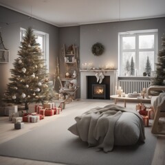 A cozy, luxurious, and modern living room interior with gift boxes under a decorated Christmas tree