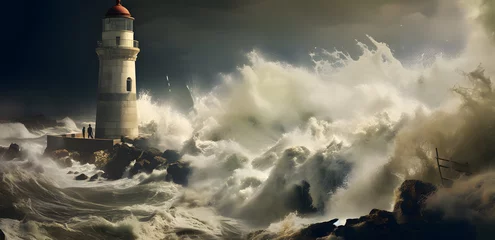 Foto op Canvas lighthouse getting hit my strong waves in the ocean © fraudiana