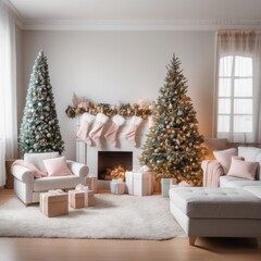A cozy, luxurious, and modern living room interior with gift boxes under a decorated Christmas tree