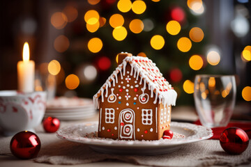 Little gingerbread house with glaze standing on dinner table with Christmas decorations and candles. Living room with lights and Christmas tree.