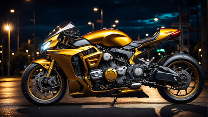 A golden motorcycle on the night street
