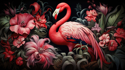 Dekoracja przedstawiająca flaminga wśród egzotycznych kwiatów  - obrazy, fototapety, plakaty