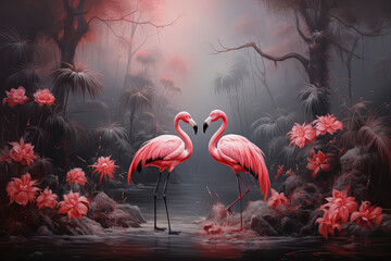 Dwa różowe flamingi w dżungli otoczone drzewami i różowymi kwiatami nad strumykiem.  - obrazy, fototapety, plakaty