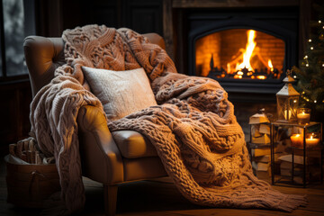 Fototapeta premium Cozy dark rustic living room with big comfy armchair, knitted blanket and a fireplace, decorated for Christmas.