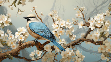 niebieski ptak siedzacy na gałezi na drzewie pełnym białych i błekitnych kwiatów. na jasnym tle