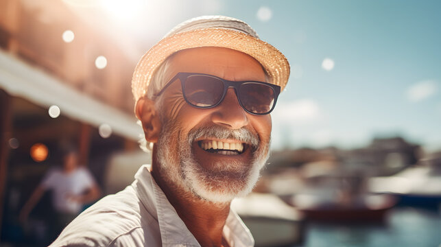 Older elderly man with grey hair and sunglasses smiling and enjoying a beautiful day by the sea on vacation in Italy