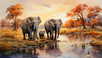 Rodzina słoni przemierzających afrykańską sawannę. 