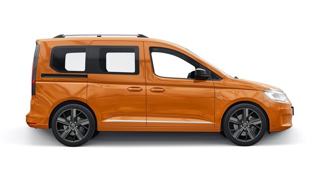 Germany, Berlin. October 24, 2023. Volkswagen Caddy 2022. Orange compact passenger microbus based on a car on a white background. 3d rendering.