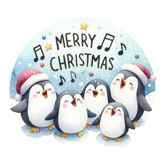 Joyful penguins singing Christmas songs under a snowy sky with stars and musical notes, all wrapped in a circular border, Merry Christmas quote - obrazy, fototapety, plakaty
