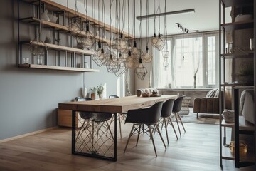 Dining table in loft-style apartment with hanging lamps, hardwood tabletop, creative chairs. Generative AI