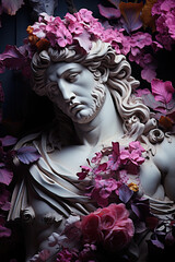 Rzeźba antycznego mężczyzny bohatera w fioletowych płatkach kwiatów.  - obrazy, fototapety, plakaty