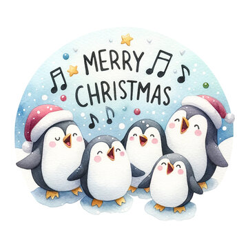Joyful penguins singing Christmas songs under a snowy sky with stars and musical notes, all wrapped in a circular border, Merry Christmas quote