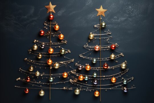 Fancy alternative christmas trees with gold star made of festive garland, multicolored balls and wire strings on grey background. Sustainable Christmas and new year, zero waste, eco friendly concept