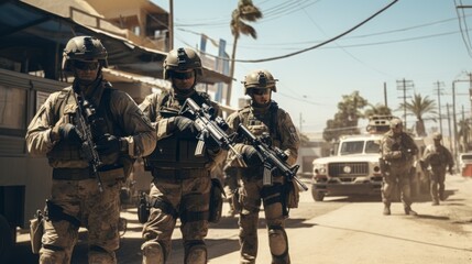 dozen delta force soldiers with rifles guarding