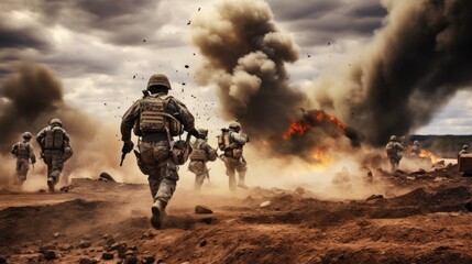 American soldiers running in battlefield