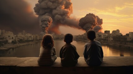 Arab children watch explosions in a deserted city