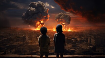 Fototapeta premium Arab children watch explosions in a deserted city