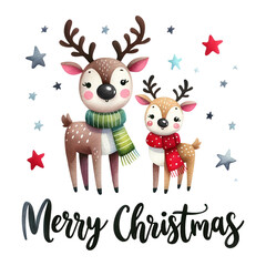 Fototapeta premium Two festive reindeers, one larger with a green scarf and the other smaller in a red scarf, stand amidst starry decorations, under the message Merry Christmas